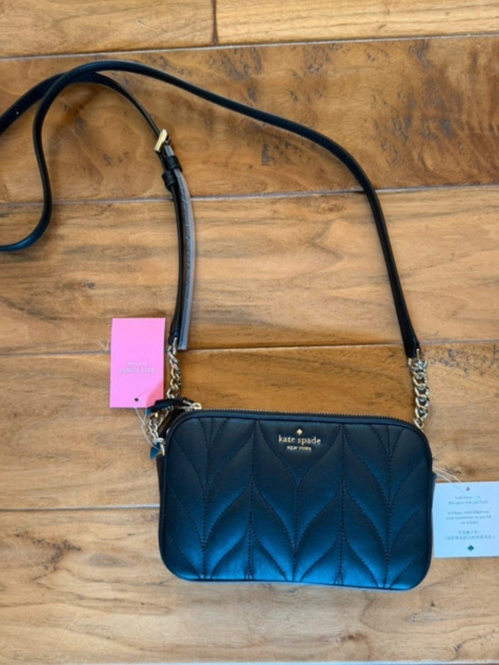 kate spade black quilted camera crossbody with gold chain